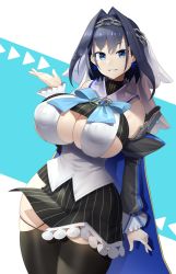 Rule 34 | 1girl, black hair, blue eyes, bow, bowtie, breasts, chain, cleavage, detached sleeves, earrings, hair ornament, highres, hololive, hololive english, huge breasts, jewelry, large breasts, looking at viewer, miniskirt, mouth hold, nipples, ouro kronii, pale skin, short hair, sideboob, simple background, sinensian, skirt, smile, solo, standing, teeth hold, thick thighs, thighhighs, thighs, underboob, virtual youtuber, wide hips