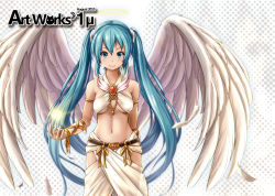 Rule 34 | 10s, 1girl, 2015, angel, angel wings, aqua eyes, aqua hair, armlet, belt, feathered wings, feathers, halftone, halftone background, halo, hatsune miku, long hair, looking at viewer, miu (angelo whitechoc), navel, smile, solo, twintails, very long hair, vocaloid, wings
