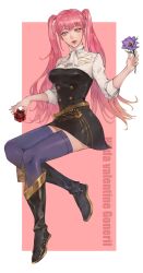 Rule 34 | 1girl, absurdres, belt, blue thighhighs, boots, box, breasts, character name, female focus, fire emblem, fire emblem: three houses, flower, full body, garreg mach monastery uniform, gift, gift box, highres, hilda valentine goneril, holding, holding flower, kirr rr, knee boots, matching hair/eyes, medium breasts, nintendo, parted lips, pink eyes, pink hair, solo, thighhighs, thighs, twintails, uniform, zettai ryouiki