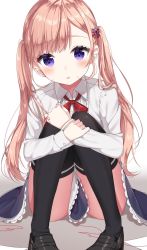 Rule 34 | 10s, 1girl, bad id, bad twitter id, black footwear, black thighhighs, blonde hair, blush, bow, brown hair, clothes between thighs, collared shirt, hair bow, hair ornament, hairclip, highres, izumo neru, koi to uso, loafers, long hair, long sleeves, looking at viewer, neck ribbon, parted lips, pigeon-toed, purple eyes, red bow, red ribbon, ribbon, shirt, shoes, simple background, sitting, solo, string, string around finger, string of fate, striped, striped bow, thighhighs, twintails, white background, white shirt, wing collar