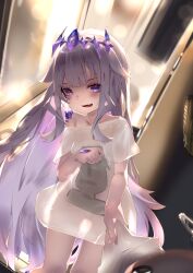 Rule 34 | 1girl, absurdres, blush, collarbone, colored inner hair, crown, gem, hair flaps, highres, hololive, hololive english, indoors, jewel under eye, koseki bijou, long hair, looking at viewer, moai, multicolored hair, off-shoulder shirt, off shoulder, open mouth, pparus, purple eyes, purple hair, see-through, shirt, smile, t-shirt, thigh gap, very long hair, virtual youtuber