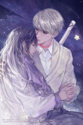 Rule 34 | 1boy, 1girl, artist name, black hair, closed eyes, collared shirt, danke reverse d, eyelashes, formal, grey hair, hetero, highres, holding hands, hug, jacket, kiss, kissing forehead, looking at another, love and deepspace, night, night sky, ocean, purple scarf, scarf, shirt, shooting star, sky, star (symbol), suit, weapon, weapon on back, white jacket, white shirt, xavier (love and deepspace)