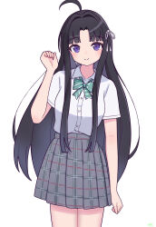 Rule 34 | 1girl, absurdres, ahoge, awa subaru, black hair, bow, bowtie, closed mouth, collared shirt, commentary request, cowboy shot, diagonal-striped bow, diagonal-striped bowtie, diagonal-striped clothes, dress shirt, girls band cry, green bow, green bowtie, grey skirt, hair intakes, hair ribbon, highres, long hair, looking at viewer, omochi tabeyo97, parted bangs, plaid, plaid skirt, pleated skirt, purple eyes, ribbon, school uniform, shirt, shirt tucked in, short sleeves, sidelocks, simple background, skirt, solo, striped clothes, white background, white ribbon, white shirt
