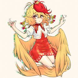 Rule 34 | 1girl, animal, animal on head, bird, bird on head, bird tail, bird wings, blonde hair, blush, carbohydrate (asta4282), chick, dress, feathered wings, full body, hair between eyes, highres, motion lines, multicolored hair, niwatari kutaka, on head, parted lips, red dress, red eyes, red hair, shirt, short hair, short sleeves, solo, tail, touhou, two-tone hair, white shirt, wings, yellow wings