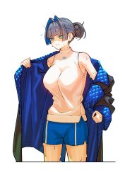 Rule 34 | 1girl, absurdres, bare shoulders, blue coat, blue eyes, blue hair, blue pants, blunt bangs, breasts, coat, colored inner hair, hair bun, hair intakes, highres, hololive, hololive english, large breasts, messy hair, multicolored hair, official alternate costume, ouro kronii, ouro kronii (casual), pants, shirt, shoes, short hair, short shorts, shorts, simple background, solo, sweat, sweatdrop, turtleneck, two-tone hair, undressing, virtual youtuber, white background, white shirt, yuutomeh