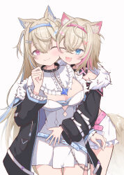 Rule 34 | 2girls, :3, :d, absurdres, animal ear fluff, animal ears, belt, belt collar, black belt, black collar, black jacket, blonde hair, blue eyes, blue hair, breasts, cleavage, closed mouth, collar, cropped jacket, cropped shirt, dog ears, dog girl, dog tail, dress, fur-trimmed jacket, fur trim, fuwawa abyssgard, fuwawa abyssgard (1st costume), hair ornament, hairpin, headphones, headphones around neck, highres, hololive, hololive english, jacket, large breasts, long hair, medium hair, mococo abyssgard, mococo abyssgard (1st costume), multicolored hair, multiple girls, one eye closed, open mouth, pink belt, pink eyes, pink hair, shintakumin, short shorts, shorts, small breasts, smile, streaked hair, tail, virtual youtuber, white dress, white shorts, x hair ornament