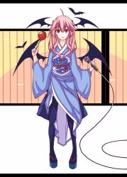 Rule 34 | 1girl, ahoge, akiposo2580, alternate costume, bad id, bad pixiv id, bat (animal), bat wings, black thighhighs, candy apple, clog sandals, food, full body, hair bobbles, hair ornament, head wings, japanese clothes, kimono, koakuma, letterboxed, long hair, long sleeves, looking at viewer, low wings, microphone, okobo, parody, parted lips, pigeon-toed, pink hair, pointy ears, red eyes, ringed eyes, sandals, sash, simple background, solo, style parody, thighhighs, touhou, white background, wide sleeves, wings, zettai ryouiki