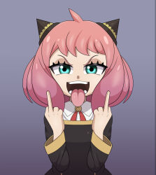 Rule 34 | 1girl, alternate eye color, anya (spy x family), black dress, blue eyes, chivox00, double middle finger, dress, gradient background, hair ornament, highres, long sleeves, looking at viewer, medium hair, middle finger, open mouth, pink hair, purple background, school uniform, smug, solo, spy x family, teeth, tongue, tongue out, upper body