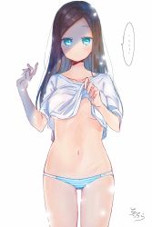 Rule 34 | ..., 1girl, blue eyes, blush, breasts, brown hair, closed mouth, clothes lift, collarbone, cowboy shot, fingernails, forehead, gluteal fold, groin, hands up, highres, lifted by self, long hair, looking at viewer, medium breasts, navel, no bra, no pants, original, panties, shirt, shirt lift, short sleeves, signature, simple background, sofra, solo, spoken ellipsis, striped clothes, striped panties, swept bangs, underwear, white background, white shirt