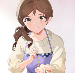 Rule 34 | 1girl, alternate hairstyle, apron, blurry, blush, breasts, brown eyes, brown hair, closed mouth, collarbone, depth of field, dot nose, gradient background, hair ornament, hairclip, hands up, idolmaster, idolmaster million live!, idolmaster million live! theater days, kitazawa shiho, long hair, long sleeves, looking at viewer, medium breasts, ponytail, purple apron, purple background, shirop imas, simple background, smile, solo, sweater, upper body, white sweater