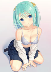 Rule 34 | 1girl, aqua hair, black socks, blue eyes, blue skirt, bow, bow bra, bra, breasts, brown bow, cleavage, closed mouth, dress shirt, gradient background, grey background, grey bra, hair between eyes, hair bow, kneehighs, long hair, long sleeves, medium breasts, n.g., no shoes, off shoulder, open clothes, open shirt, original, pleated skirt, shirt, sidelocks, sitting, skirt, smile, socks, solo, twintails, underwear, wariza, white shirt