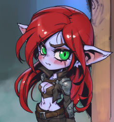 Rule 34 | 1girl, alternate ears, alternate form, armor, belt, blurry, blurry background, blush, breasts, brown belt, brown jacket, brown pants, cleavage, colored skin, cropped jacket, fang, green eyes, jacket, katarina (league of legends), large breasts, league of legends, long hair, long sleeves, looking at viewer, navel, open clothes, open jacket, pants, phantom ix row, pink skin, pointy ears, red hair, shoulder armor, solo, stomach, yordle