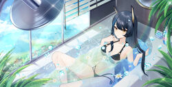 Rule 34 | 1girl, absurdres, artist request, bare arms, bare legs, bare shoulders, bathing, bathroom, bernadette (final gear), bikini, black bikini, black hair, bubble, closed mouth, cloud, dripping, final gear, flower, flower on liquid, foot out of frame, forest, game cg, hair ornament, highres, holding, holding own hair, in bathtub, indoors, leaf, lens flare, light frown, long hair, looking at viewer, mirror, multi-strapped bikini bottom, nature, o-ring strap, partially submerged, rainbow, shower head, sidelocks, sitting, sky, solo, straight hair, swimsuit, very long hair, water, water drop, white flower, window, window blinds, yellow eyes