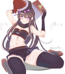 Rule 34 | 1girl, ander (at2.), arms behind head, arms up, at2., black gloves, black skirt, black thighhighs, blush, brown hair, closed mouth, collarbone, elbow gloves, enderman, flat chest, gift, gloves, hat, highres, holding, holding gift, leaning back, long hair, looking at viewer, minecraft, navel, personification, purple eyes, red footwear, red hat, santa hat, skirt, smile, solo, thighhighs, twitter username