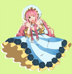 Rule 34 | 1girl, artist request, blue rose, bonnet, flower, hood, one piece, perona, pink hair, rose, solo, source request, wink