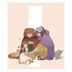 Rule 34 | 2girls, :d, agatha chris q outfit (touhou), brown capelet, brown footwear, capelet, cat, checkered clothes, checkered kimono, closed eyes, commentary request, detective, flip-flops, flower, fur trim, gloves, green skirt, grey cat, hair flower, hair ornament, hat, hieda no akyuu, highres, japanese clothes, kimono, motoori kosuzu, multiple cats, multiple girls, open mouth, orange cat, orange hair, purple capelet, purple eyes, purple hair, red skirt, sandals, short hair, skirt, smile, socks, touhou, white cat, white flower, white gloves, white socks, yellow kimono, yokujitsu