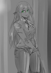 Rule 34 | 1girl, absurdres, girls&#039; frontline, green eyes, greyscale, haho, highres, long hair, springfield (girls&#039; frontline), monochrome, neck ribbon, pants, ribbon, smile, solo, spot color, thighs, tight clothes, tight pants