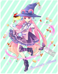 Rule 34 | 1girl, alma (emil chronicle online), boots, character name, cherry, cookie, dress, dumpty alma, emil chronicle online, food, fork, fruit, hat, hoshino (nia hoshino), kiwi (fruit), long hair, looking at viewer, pink hair, pudding, purple eyes, puzzle &amp; dragons, solo, striped clothes, striped thighhighs, thighhighs, very long hair, witch hat