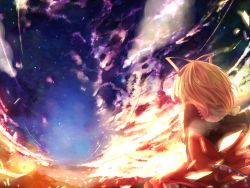 Rule 34 | 1girl, bellflower, blonde hair, bow, cloud, dress, flower, hair bow, medicine melancholy, mito (calcomer), mountain, red dress, sky, solo, sunset, touhou