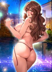 Rule 34 | 1girl, areola slip, artist name, ass, bare arms, bare shoulders, bikini, blush, breasts, brown eyes, brown hair, commentary request, from behind, highleg, highleg bikini, highres, large breasts, lips, long hair, looking at viewer, looking back, lupin iii, makeup, mine fujiko, nipple slip, nipples, oyaman, parted lips, photo background, pulling own clothes, red bikini, shiny skin, sideboob, smile, solo, swimsuit, teasing, thighs, thong bikini