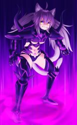 Rule 34 | 1girl, absurdres, animal ears, armor, atalanta (fate), atalanta alter (fate), atalanta alter (third ascension) (fate), boots, breasts, cat ears, cat tail, commentary, commission, english commentary, fate/grand order, fate (series), fence, gauntlets, highres, looking at viewer, armored boots, multicolored eyes, multiple tails, navel, nekomata, panties, pauldrons, pubic tattoo, purple background, purple eyes, purple hair, purple panties, purple theme, sharp teeth, shoulder armor, shoulder spikes, slit pupils, solo, spikes, tail, tattoo, teeth, thigh boots, thighhighs, twintails, two tails, underboob, underwear, yellow eyes, yoako
