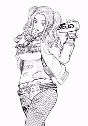 Rule 34 | 1girl, absurdres, baseball bat, belt, body writing, bracelet, collar, dc comics, fishnet pantyhose, fishnets, greyscale, gun, handgun, harley quinn, highres, inomaru, jacket, jewelry, lips, long hair, looking at viewer, loose belt, midriff, monochrome, open clothes, open jacket, over shoulder, pantyhose, parted lips, short shorts, shorts, sidelocks, solo, spiked bracelet, spikes, suicide squad, tattoo, twintails, weapon, weapon over shoulder, white background