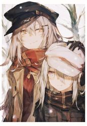 Rule 34 | 2girls, alternate costume, alternate eye color, black gloves, black hat, blue eyes, blush, border, buttons, closed mouth, coat, earmuffs, eye contact, facial scar, flat cap, gangut (kancolle), gloves, grey eyes, grey hair, hair between eyes, hair ornament, hair over shoulder, hairclip, hand on another&#039;s head, hat, headpat, hibiki (kancolle), kantai collection, kashii (amoranorem), long hair, long sleeves, looking at another, military hat, multiple girls, one eye closed, orange eyes, peaked cap, red shirt, scar, scar on cheek, scar on face, scarf, shirt, snow, snowing, tree, upper body, verniy (kancolle), white border, white hair, white hat