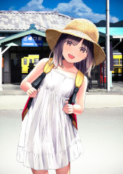 Rule 34 | 1girl, backpack, bag, bare shoulders, blue sky, blurry, blurry background, blush, brown eyes, brown hair, chikuwa (odennabe), cloud, collarbone, dress, hat, leaning to the side, looking at viewer, medium hair, open mouth, original, outdoors, sky, sleeveless, sleeveless dress, smile, solo, standing, sun hat, sundress, train station, white dress