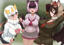 Rule 34 | 3girls, absurdres, animal ears, arm at side, arms behind head, arms up, bat ears, bat girl, bat wings, black hair, blue eyes, bow, bowtie, breasts, brown hair, cleavage, closed mouth, common vampire bat (kemono friends), cowboy shot, day, detached collar, extra ears, fang, fur-trimmed sleeves, fur collar, fur trim, grey hair, hair between eyes, hair ornament, hand up, head wings, highres, hilgendorf&#039;s tube-nose bat (kemono friends), honduran white bat (kemono friends), huge breasts, impossible clothes, impossible shirt, kemono friends, large breasts, leaning forward, looking at another, mask, mask on head, medium hair, microskirt, multicolored hair, multiple girls, multiple wings, open mouth, outdoors, paid reward available, parted lips, pink hair, pleated skirt, purple eyes, red eyes, shibori kasu, shirt, skirt, smile, tengu mask, white hair, wings