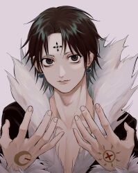 Rule 34 | 1boy, absurdres, black hair, black jacket, chrollo lucilfer, commentary request, earrings, grey eyes, hand tattoo, hand up, highres, hunter x hunter, jacket, jewelry, looking at viewer, male focus, neck, no shirt, open clothes, open jacket, pectoral cleavage, pectorals, short hair, simple background, smile, smnsutycoc, solo, tattoo, white background