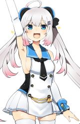 Rule 34 | 1girl, ahoge, arm warmers, armpits, azur lane, blue eyes, breasts, commentary request, hair ornament, hairclip, halsey powell (azur lane), highres, long hair, looking at viewer, open mouth, silver hair, simple background, sleeveless, small breasts, solo, thighhighs, tonari (ichinichime azuma), twintails, white background