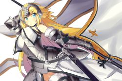Rule 34 | 1girl, armor, armored dress, blonde hair, blue eyes, braid, breasts, fate/apocrypha, fate/grand order, fate (series), gauntlets, headpiece, jeanne d&#039;arc (fate), jeanne d&#039;arc (ruler) (fate), jeanne d&#039;arc (third ascension) (fate), large breasts, long hair, looking at viewer, rain (nadroj31), simple background, single braid, solo, thighhighs, white background
