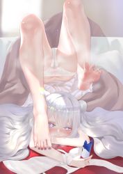 Rule 34 | + +, 1girl, absurdres, ass, azur lane, barefoot, bed, bed sheet, black nails, blush, cellphone, commentary request, day, double bun, feet, french flag, gymnastics, hair bun, highres, indoors, le malin (azur lane), le malin (sleepy sunday) (azur lane), legs over head, light particles, long hair, looking at phone, lying, nail polish, on bed, on stomach, panties, phone, pout, purple eyes, silver hair, smartphone, soles, solo, spread toes, sunlight, sweat, symbol-shaped pupils, thighs, toenail polish, toenails, toes, underwear, ursica, very long hair, window