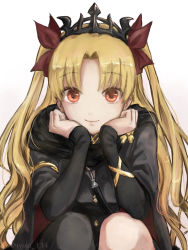 Rule 34 | 1girl, asymmetrical legwear, blonde hair, buttons, cape, dress, earrings, elbows on knees, ereshkigal (fate), ereshkigal (third ascension) (fate), fate/grand order, fate (series), gold, gold trim, hair ribbon, hands on own cheeks, hands on own face, highres, jewelry, long sleeves, looking at viewer, noraillust, red eyes, ribbon, sitting, skull, smile, twintails, uneven legwear