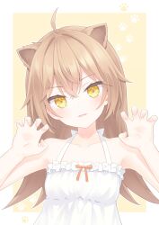 1girl ahoge animal_ears blonde_hair border bow claw_pose collarbone commentary_request dress fangs frilled_dress frills hair_between_eyes hair_intakes highres indie_virtual_youtuber lion_ears long_hair looking_at_viewer orange_ribbon outline parted_lips paw_print ribbon rurudo_lion rurudo_lion_(1st_costume) simple_background smile solo sundress tail tangent_(reflans) upper_body virtual_youtuber white_border white_bow white_dress white_outline yellow_background yellow_eyes