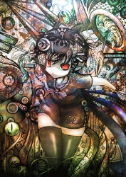 Rule 34 | 1girl, abstract, bad id, bad pixiv id, black hair, female focus, highres, houjuu nue, koohee, polearm, psychedelic, red eyes, short hair, solo, spear, surreal, thighhighs, touhou, trident, weapon, wings, zettai ryouiki