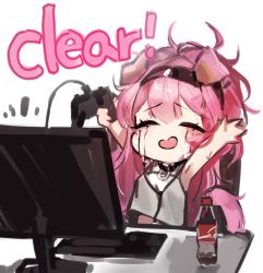 Rule 34 | 1girl, animal ears, arknights, black collar, black hairband, bottle, cat ears, cat girl, cheering, chibi, closed eyes, coca-cola, collar, controller, crop top, crying, desk, goldenglow (arknights), hairband, hands up, holding, holding controller, keyboard (computer), long hair, messy hair, monitor, open mouth, pink hair, ribiadan, shirt, simple background, sleeveless, sleeveless shirt, solo, streaming tears, tears, white background, white shirt