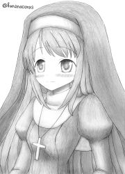 Rule 34 | absurdres, artist request, cross, graphite (medium), greyscale, highres, juliet sleeves, kantai collection, long hair, long sleeves, monochrome, nun, one-hour drawing challenge, puffy sleeves, samidare (kancolle), simple background, traditional media, traditional nun, twitter username, veil, very long hair