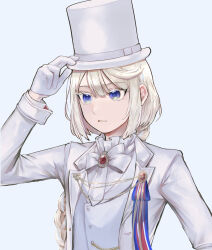Rule 34 | 1boy, absurdres, blonde hair, blue eyes, bow, bowtie, braid, braided ponytail, formal, frilled shirt collar, frills, gloves, hand on headwear, hat, highres, lapel pin, lapels, long hair, long sleeves, male focus, mclw suisei, parted lips, peaked lapels, shirt, sidelocks, simple background, single braid, solo, suit, tokyo houkago summoners, top hat, tuaring (housamo), upper body, vest, white bow, white bowtie, white gloves, white hat, white shirt, white suit