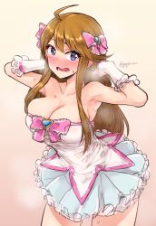 Rule 34 | 1girl, :o, ahoge, armpits, bare shoulders, blush, breasts, breath, brown hair, cleavage, collarbone, cowboy shot, detached sleeves, dress, ear blush, embarrassed, frilled skirt, frills, full-face blush, gem, gojarun, gradient background, hair ribbon, hands in hair, hands up, highres, idolmaster, idolmaster million live!, large breasts, long hair, looking at viewer, looking to the side, off-shoulder dress, off shoulder, ribbon, ribbon trim, simple background, sketch, skindentation, skirt, sweat, sweatdrop, swept bangs, tokoro megumi, twitter username