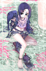 Rule 34 | 1girl, anklet, arm support, bird, character name, crow, dc comics, facial mark, fishnets, forehead mark, girutea, highres, jacket, jewelry, looking at viewer, midriff, nail polish, navel, purple eyes, purple hair, raven (dc), shirt, short shorts, shorts, sitting, teen titans, open fly, water