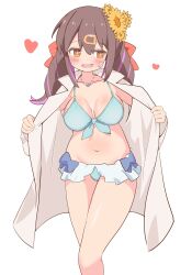 Rule 34 | 1girl, averting eyes, bikini, blue bikini, blush, brown eyes, brown hair, coat, commentary request, facing viewer, feet out of frame, flower, hair flower, hair ornament, hairclip, heart, highres, jewelry, long hair, multicolored hair, necklace, onii-chan wa oshimai!, open mouth, oyama mihari, pon sugar, purple hair, simple background, smile, solo, standing, stomach, stomach day, streaked hair, swimsuit, twintails, white background