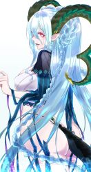 Rule 34 | 1girl, ass, back, blue hair, blue panties, blue shirt, blue thighhighs, braid, breasts, cleavage, cropped shirt, curled horns, fate/grand order, fate (series), hair between eyes, highleg, highleg panties, highres, horns, large breasts, larva tiamat (fate), larva tiamat (third ascension) (fate), light blue hair, long hair, looking at viewer, looking back, open mouth, panties, pink eyes, pointy ears, shidare yanagi, shirt, shrug (clothing), sidelocks, smile, solo, striped sleeves, symbol-shaped pupils, tail, thighhighs, thighs, tiamat (fate), underwear, very long hair