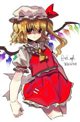 Rule 34 | 1girl, absurdres, ascot, back bow, blonde hair, bow, breasts, buttons, clenched hand, closed mouth, cowboy shot, cropped legs, dated, flandre scarlet, frilled skirt, frills, hat, hat ribbon, highres, ichirugi, large bow, light smile, looking at viewer, medium hair, mob cap, multicolored wings, one side up, puffy short sleeves, puffy sleeves, red eyes, red ribbon, red skirt, red vest, ribbon, ribbon-trimmed headwear, ribbon trim, shirt, short sleeves, simple background, skirt, skirt set, sleeve ribbon, small breasts, solo, touhou, twitter username, vest, white background, white bow, white hat, white shirt, wings, yellow ascot