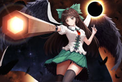 Rule 34 | 1girl, arm cannon, bird wings, black sun, black thighhighs, black wings, bow, breasts, brown eyes, brown hair, bushi j, cape, closed mouth, collared shirt, commentary request, control rod, cross-laced clothes, cross-laced top, feathers, feet out of frame, frilled shirt collar, frilled skirt, frills, green bow, green skirt, hair bow, highres, long hair, looking at viewer, medium breasts, pointing, pointing up, ponytail, puffy short sleeves, puffy sleeves, reiuji utsuho, shirt, short sleeves, skirt, smile, solo, starry sky print, sun, thighhighs, third eye, touhou, weapon, white cape, white shirt, wings