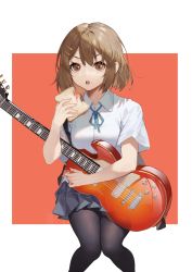 Rule 34 | 1girl, absurdres, annoyed, artist name, black pantyhose, blue ribbon, border, brown eyes, brown hair, collared shirt, commentary, eating, electric guitar, food, gibson les paul, grey skirt, guitar, hair between eyes, hair ornament, hairclip, highres, hirasawa yui, holding, holding food, holding instrument, instrument, invisible chair, k-on!, knees together feet apart, koi han, looking at viewer, neck ribbon, open mouth, outside border, pantyhose, pleated skirt, red background, ribbon, sandwich, shirt, short hair, short sleeves, sitting, skirt, solo, v-shaped eyebrows, white border, white shirt