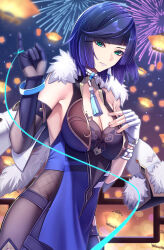 Rule 34 | 1girl, asymmetrical gloves, bare shoulders, black gloves, blue hair, blunt bangs, breasts, cleavage, commentary request, elbow gloves, fingerless gloves, fireworks, fur-trimmed jacket, fur trim, genshin impact, gloves, green eyes, hands up, highres, jacket, kutsuda miru, large breasts, looking at viewer, mismatched gloves, night, night sky, outdoors, pinky out, purple lips, short hair, sky, sleeveless, solo, upper body, white gloves, white jacket, yelan (genshin impact)