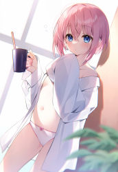 Rule 34 | 1girl, backlighting, blue eyes, blush, bow, bow panties, breasts, cup, dress shirt, highres, indoors, looking at viewer, mug, navel, off shoulder, open clothes, open shirt, original, panties, pink hair, shirt, short hair, sleeves past wrists, small breasts, solo, suimya, thighs, toothbrush, underwear, white panties, white shirt, window