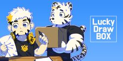 Rule 34 | 2boys, animal ears, bara, box, cardboard box, deformed, dual persona, facial hair, furry, furry male, goatee, highres, holding, holding box, male focus, multicolored hair, multiple boys, muscular, muscular male, original, package, shirt, short hair, streaked hair, sweatdrop, t-shirt, tail, thick eyebrows, tiger boy, tiger ears, tiger tail, upper body, uza (hellme), white fur