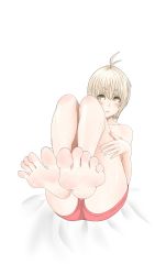 Rule 34 | 1girl, ahoge, barefoot, blonde hair, blush, feet, foot focus, highres, looking at viewer, parted lips, pov, short hair, soles, sweat, toes, topless, yellow eyes